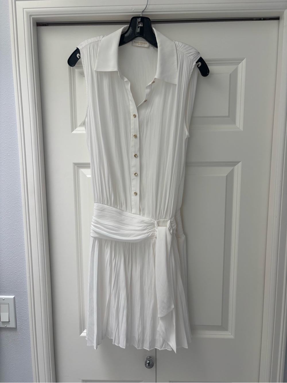 Ramy Brook White Sleeveless Pleated Shirt Dress with Waist Tie